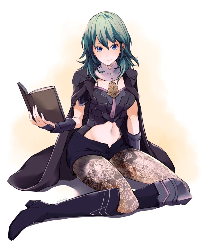 1girl armor ataka_takeru blue_eyes blue_hair book breasts byleth byleth_(female) cape fire_emblem fire_emblem:_three_houses gloves hair_ornament long_hair looking_at_viewer short_hair simple_background smile solo thigh-highs upper_body white_background