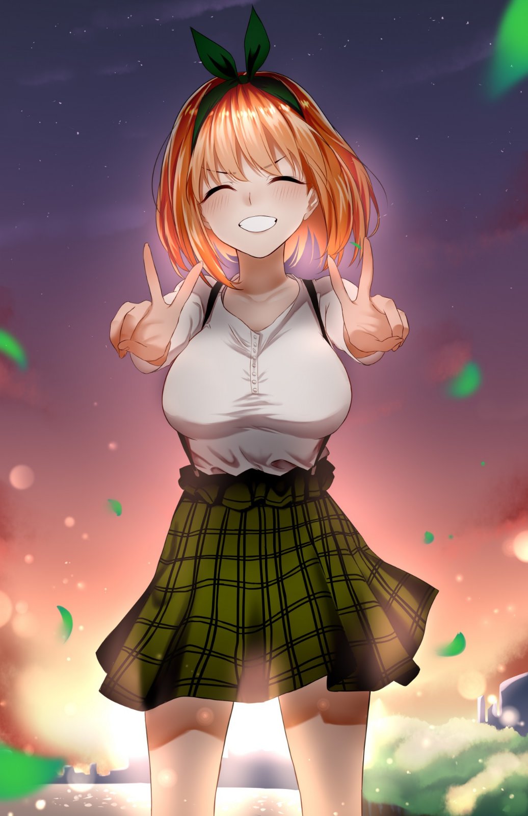 1girl bangs blush bow breasts checkered checkered_skirt closed_eyes double_v falling_leaves go-toubun_no_hanayome green_ribbon grin hair_between_eyes hair_ribbon highres landscape leaf long_sleeves nakano_yotsuba night night_sky orange_hair outstretched_arms ribbon shirt short_hair skirt sky smile solo spanish_commentary standing suspender_skirt suspenders thighs v water white_shirt z_arts96