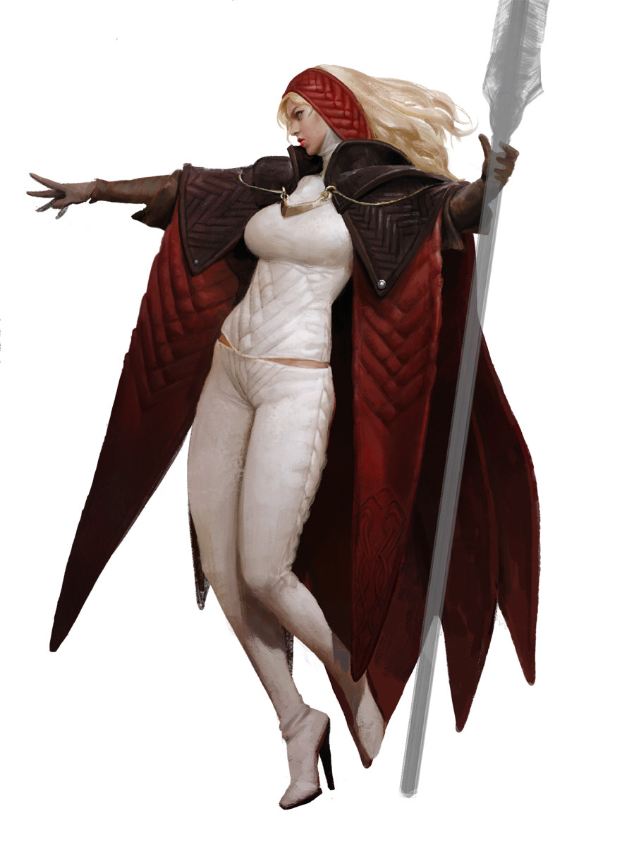 1girl blonde_hair breasts concept_art full_body headband high_heels highres holding holding_spear holding_weapon hunting_era looking_to_the_side medium_breasts pants polearm realistic red_headband robe sangsoo_jeong simple_background sketch solo spear standing weapon white_background white_pants