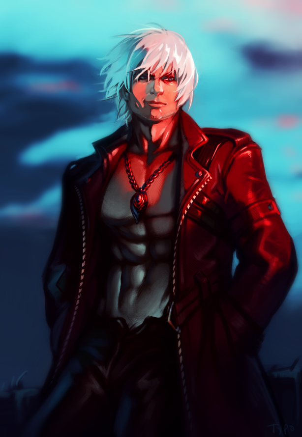 1boy abs black_pants blue_eyes clouds cloudy_sky commentary dante_(devil_may_cry) devil_may_cry devil_may_cry_3 english_commentary facial_hair hands_in_pockets jacket jewelry leather leather_pants long_jacket male_focus manly muscle navel open_clothes open_jacket outdoors pants pectorals pendant red_jacket shirtless short_hair silver_hair sky solo stomach stubble sunset typo_(requiemdusk)