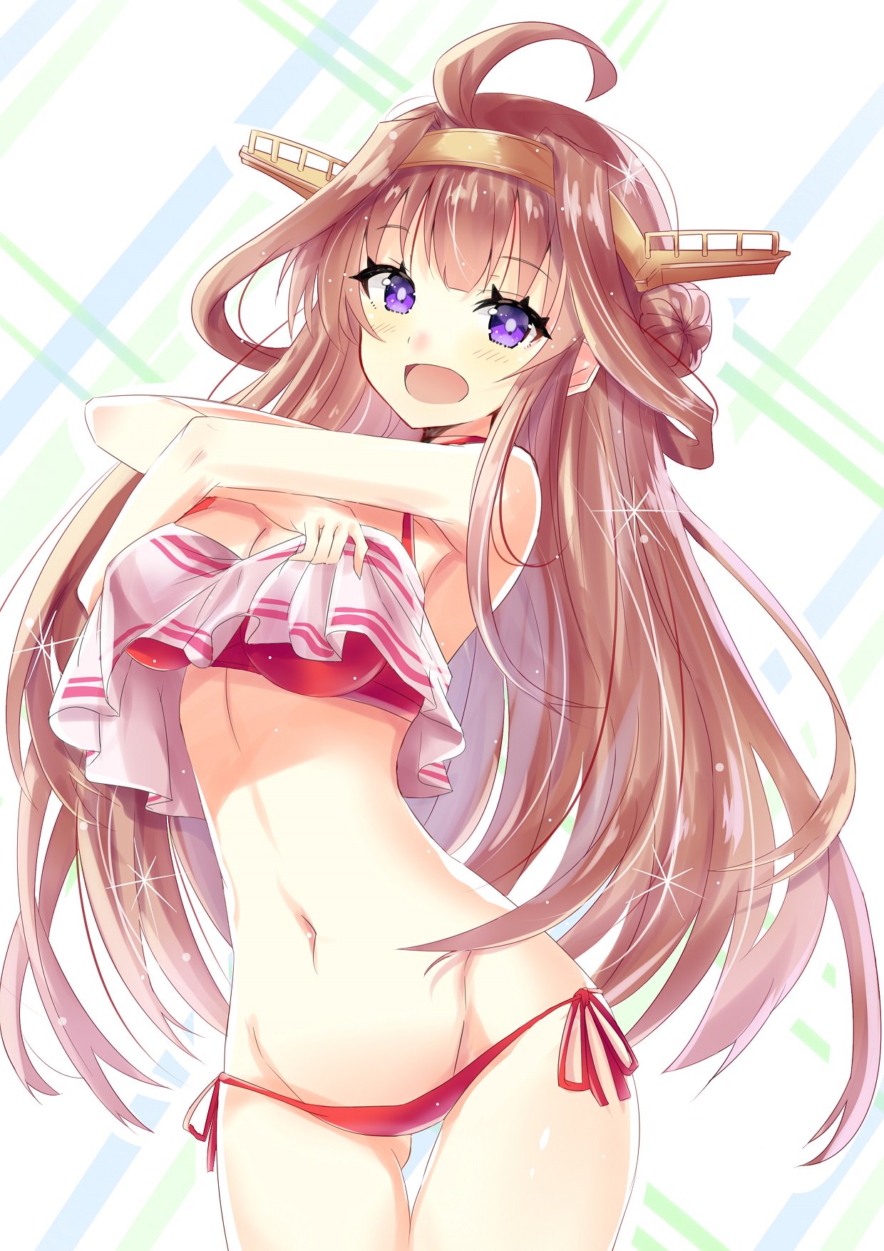 1girl alternate_costume bikini blush breasts brown_hair double_bun eyebrows_visible_through_hair gradient gradient_background hair_between_eyes hairband headgear highres hizaka kantai_collection kongou_(kantai_collection) large_breasts long_hair looking_at_viewer navel open_mouth red_bikini smile solo swimsuit swimsuit_under_clothes violet_eyes