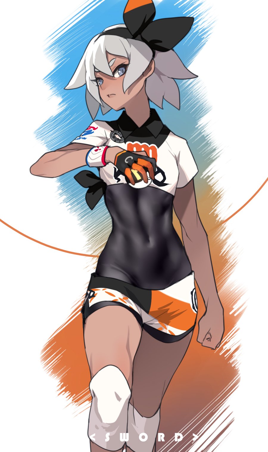 1girl abs ban black_gloves blue_eyes bodysuit clenched_hand closed_mouth copyright_name dark_skin gloves grey_hair hairband highres hip_bones holding holding_poke_ball navel poke_ball pokemon pokemon_(game) pokemon_swsh ribbon saitou_(pokemon) shirt short_hair short_sleeves shorts solo standing ultra_ball