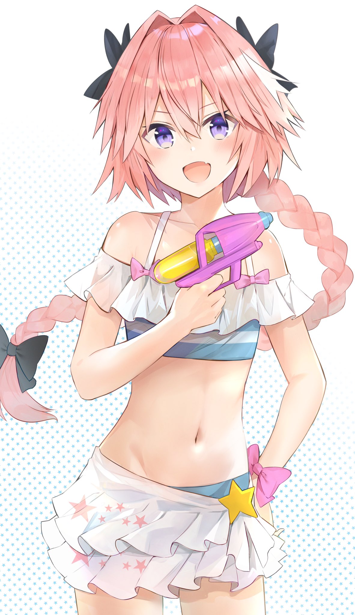 1boy :d astolfo_(fate) bangs bare_shoulders bikini black_bow blue_bikini blush bow braid collarbone commentary cowboy_shot eyebrows_visible_through_hair fang fate/extella fate/extella_link fate/extra fate_(series) floating_hair hair_between_eyes hair_bow hair_intakes hand_on_hip highres holding holding_water_gun kusumoto_touka long_hair looking_at_viewer male_focus multicolored_hair navel open_mouth otoko_no_ko pink_bow pink_hair print_skirt revision see-through shiny shiny_hair single_braid skin_fang skirt smile solo standing star star_print starry_background streaked_hair swimsuit v-shaped_eyebrows violet_eyes water_gun white_background white_skirt wrist_bow