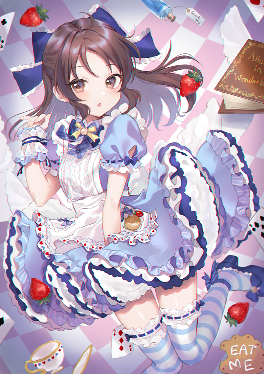 1girl :o anoa apron bangs blue_bow blue_dress blue_footwear blush book bottle bow brown_eyes brown_hair card checkered club_(shape) commentary_request cup dress drink_me eat_me eyebrows_visible_through_hair food frilled_bow frills fruit hair_bow hand_up heart high_heels highres idolmaster idolmaster_cinderella_girls idolmaster_cinderella_girls_starlight_stage long_hair looking_at_viewer parted_lips plaid plaid_bow playing_card puffy_short_sleeves puffy_sleeves saucer shoes short_sleeves solo spade_(shape) strawberry striped striped_legwear tachibana_arisu teacup thigh-highs waist_apron white_apron wrist_cuffs