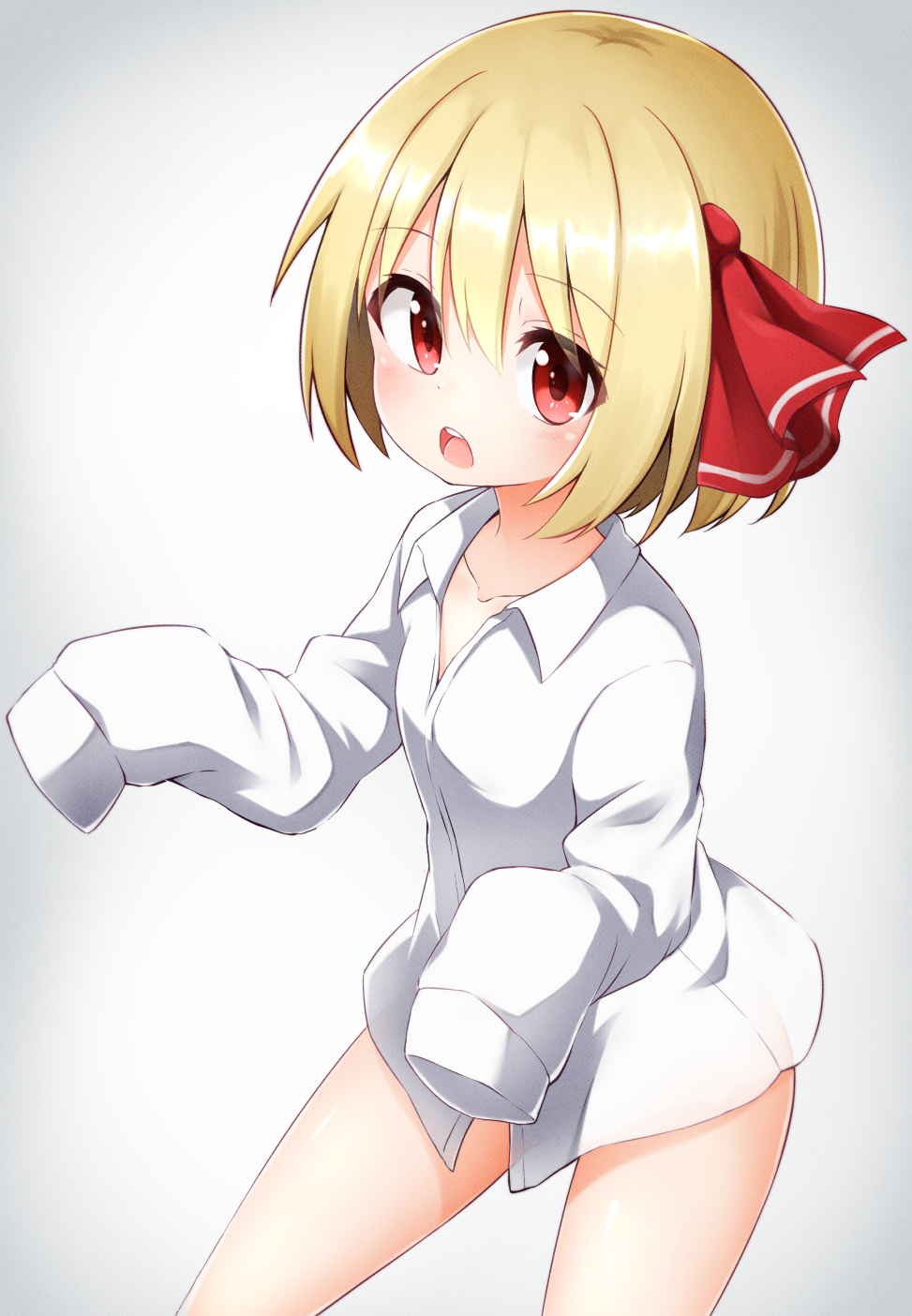 1girl bangs blonde_hair blush collarbone commentary_request cowboy_shot eyebrows_visible_through_hair gradient gradient_background grey_background hair_between_eyes hair_ribbon highres long_sleeves looking_at_viewer naked_shirt no_pants open_mouth red_eyes red_ribbon ribbon rumia shirt short_hair sleeves_past_fingers sleeves_past_wrists solo standing suwa_yasai thighs touhou white_shirt