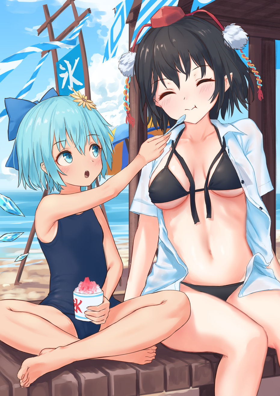 2girls :o :t ^_^ bangs bare_arms bare_legs bare_shoulders barefoot beach bikini black_bikini black_hair black_ribbon blue_bow blue_eyes blue_hair blue_sky blue_swimsuit blush bow breasts cirno closed_eyes clouds collarbone commentary_request day eyebrows_visible_through_hair feeding feet_out_of_frame flower food hair_between_eyes hair_bow hair_flower hair_ornament hat highres holding holding_food ice ice_wings indian_style looking_at_another medium_breasts multiple_girls navel ocean one-piece_swimsuit open_clothes open_mouth open_shirt outdoors pointy_ears pom_pom_(clothes) ribbon roke_(taikodon) shameimaru_aya shaved_ice shirt short_hair short_sleeves sitting sky smile stomach sunflower swimsuit tassel thighs tokin_hat touhou translated white_shirt wings