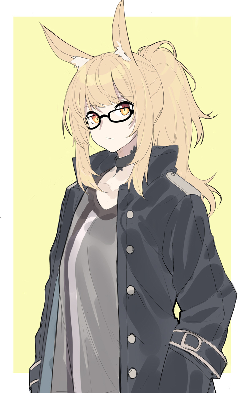 1girl animal_ear_fluff animal_ears arknights bangs black-framed_eyewear black_choker black_jacket brown_eyes choker closed_mouth collarbone echj eyebrows_visible_through_hair glasses grey_shirt hands_in_pockets head_tilt highres jacket light_brown_hair long_hair long_sleeves looking_at_viewer nearl_(arknights) open_clothes open_jacket ponytail shirt sidelocks solo two-tone_background upper_body white_background yellow_background