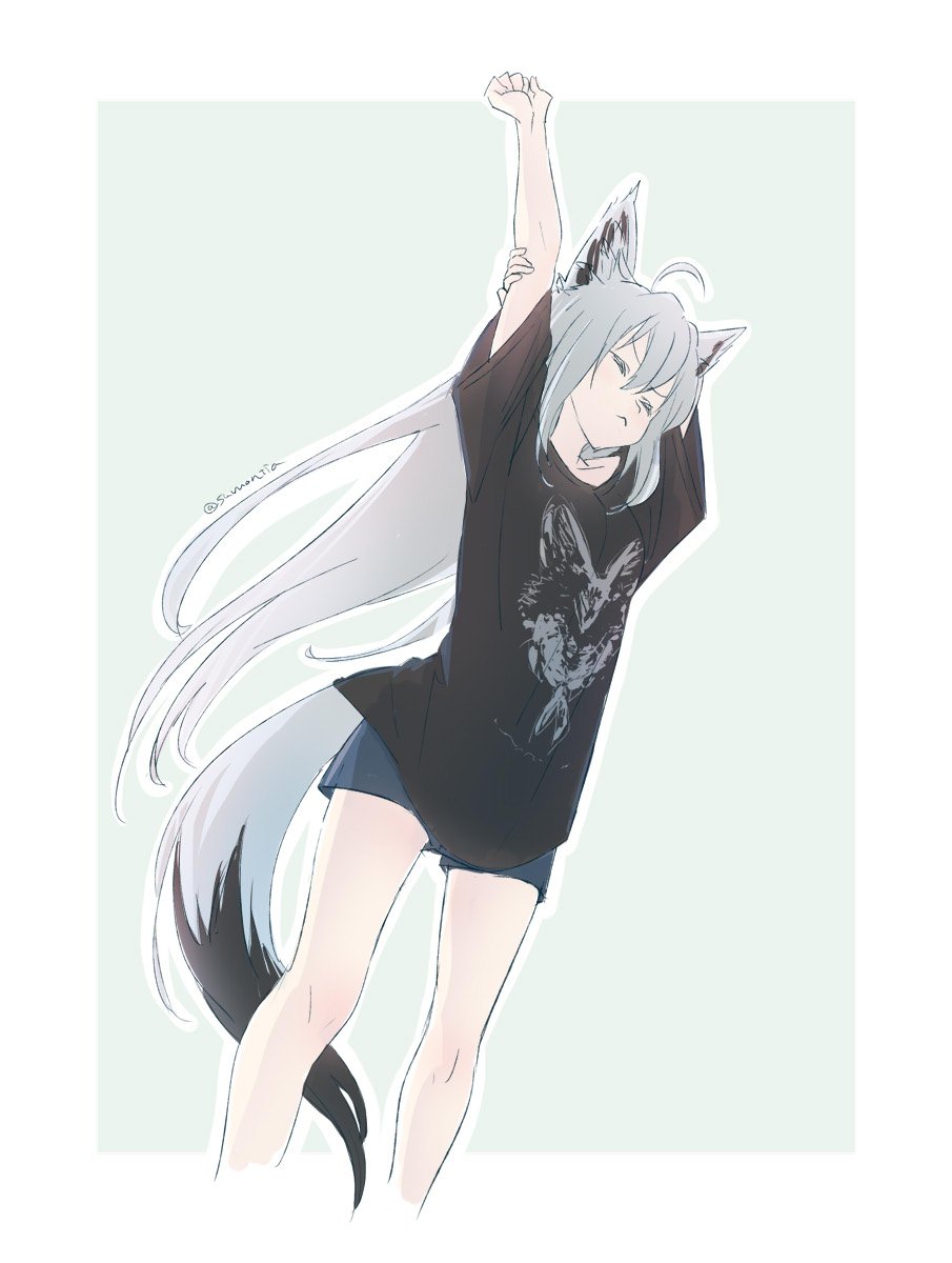 1girl ahoge animal_ears bare_arms bare_legs black_shirt feet_out_of_frame fox_ears fox_tail highres hololive long_hair shirakami_fubuki shirt short_sleeves shorts silver_hair simple_background sketch stretch stretched_limb sumo! tail twitter_username very_long_hair virtual_youtuber