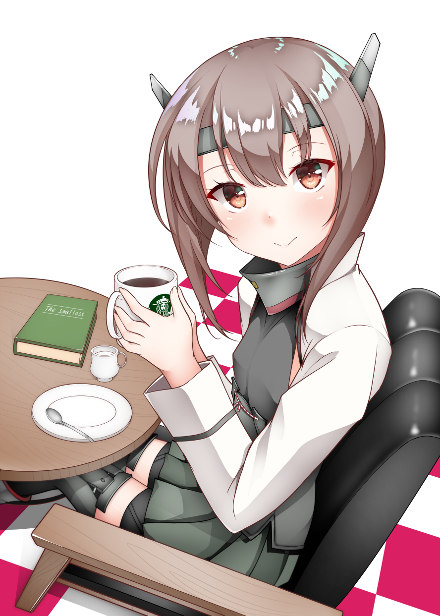 1girl bangs bike_shorts black_shorts blush book boots brown_hair checkered checkered_floor closed_mouth coffee coffee_mug commentary_request cup eyebrows_visible_through_hair green_skirt grey_legwear hair_between_eyes headgear highres holding holding_cup kantai_collection kirigakure_(kirigakure_tantei_jimusho) long_hair long_sleeves looking_at_viewer looking_to_the_side mug pleated_skirt red_eyes saucer short_shorts shorts shorts_under_skirt sitting skirt smile solo spoon table taihou_(kantai_collection) thigh-highs white_background