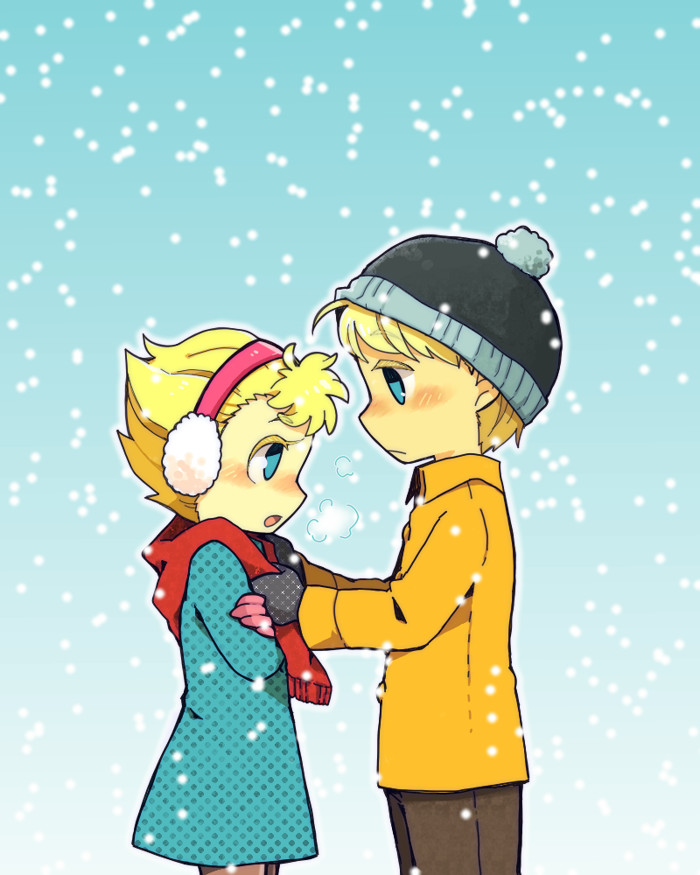 1boy 1girl adjusting_another's_clothes adjusting_scarf beanie blonde_hair blue_eyes brother_and_sister charlie_brown coat dress earmuffs gloves haku_le hat peanuts scarf short_hair siblings snow winter winter_clothes winter_coat