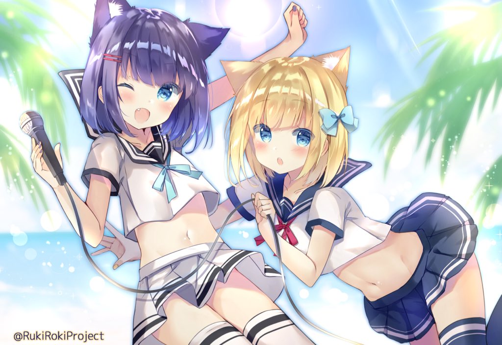 2girls ;d animal_ear_fluff animal_ears black_sailor_collar blonde_hair blue_bow blue_eyes blue_legwear blue_sailor_collar blue_skirt blue_sky blurry blurry_background blush bow clouds commentary_request crop_top day depth_of_field fang hair_bow hair_ornament hairclip holding holding_microphone horizon microphone midriff multiple_girls navel ocean official_art one_eye_closed open_mouth outdoors palm_tree parted_lips pleated_skirt purple_hair red_bow rukiroki saeki_sora sailor_collar sasugano_roki sasugano_ruki school_uniform serafuku shirt short_hair short_sleeves skirt sky smile sunset thigh-highs tree virtual_youtuber water watermark white_legwear white_shirt white_skirt