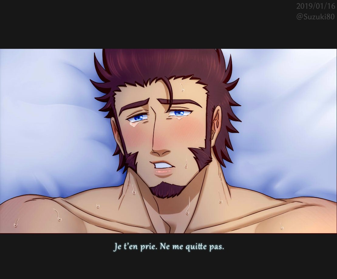 1boy bare_shoulders beard bed blue_eyes blush brown_hair chest commentary_request facial_hair fate/grand_order fate_(series) looking_at_viewer male_focus muscle napoleon_bonaparte_(fate/grand_order) on_bed solo suzuki80 sweatdrop tearing_up teeth