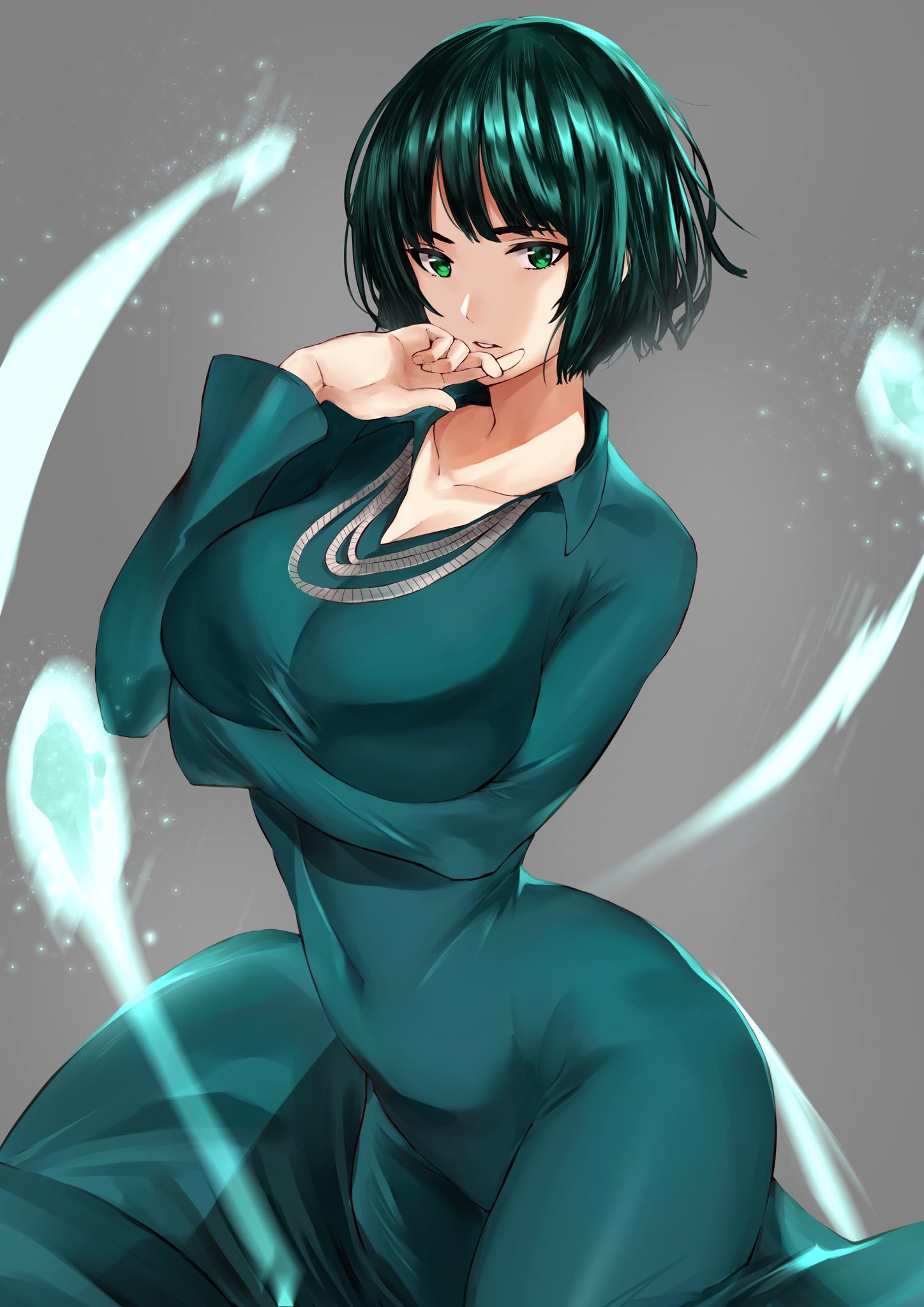 1girl arm_under_breasts bangs black_hair breast_hold breasts collarbone collared_dress covered_navel cowboy_shot dress fubuki_(one-punch_man) fujitsubo_(hujitubo0731) green_dress green_eyes hand_on_own_face highres jewelry large_breasts long_sleeves looking_at_viewer necklace one-punch_man parted_lips short_hair simple_background solo standing telekinesis