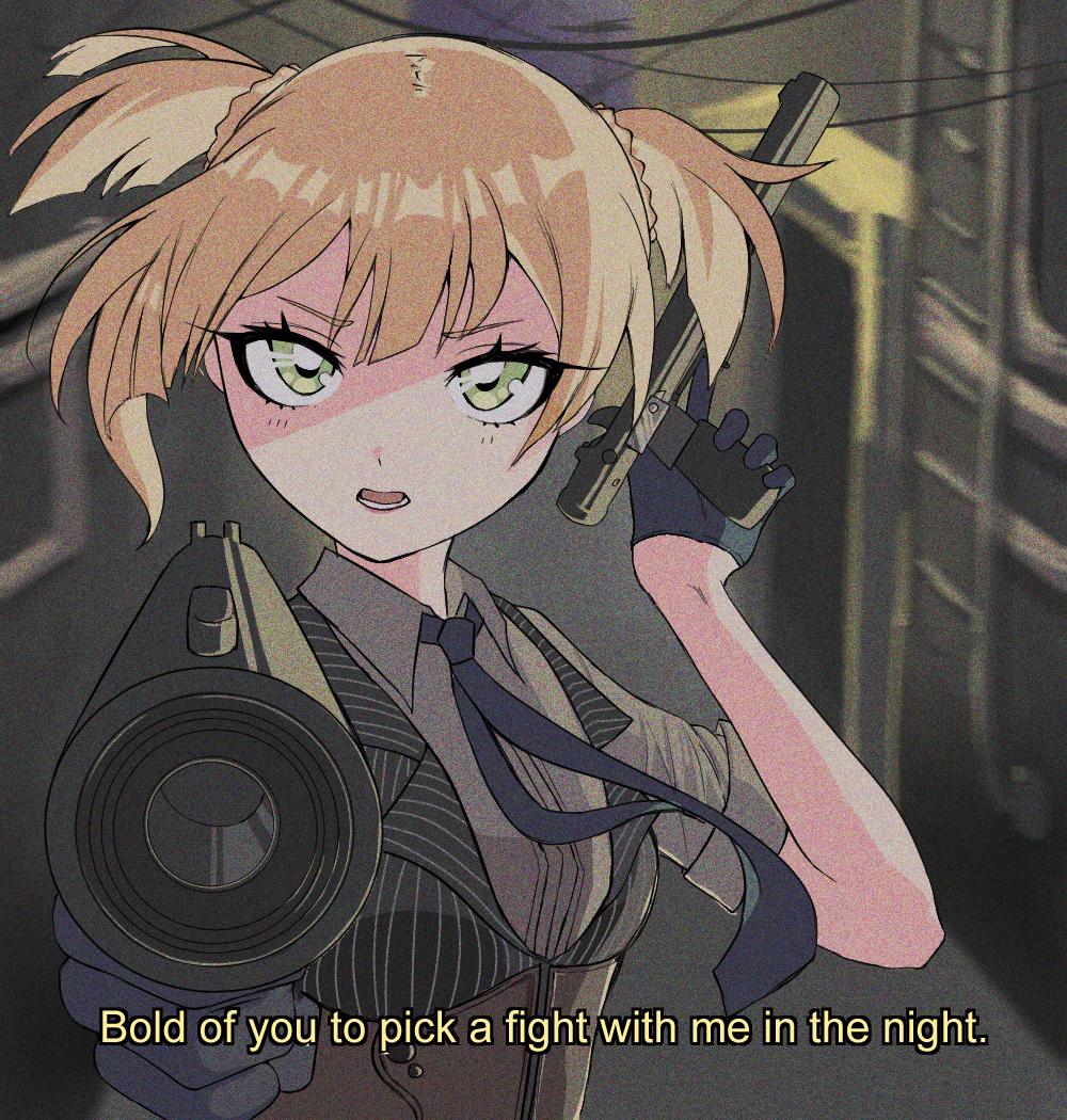 1girl 90s aiming_at_viewer artist_request blonde_hair cygames dual_wielding english_text eyelashes girls_frontline gloves green_eyes holding looking_at_viewer necktie parody solo subtitled suppressor twintails vest welrod_mk2 welrod_mk2_(girls_frontline)