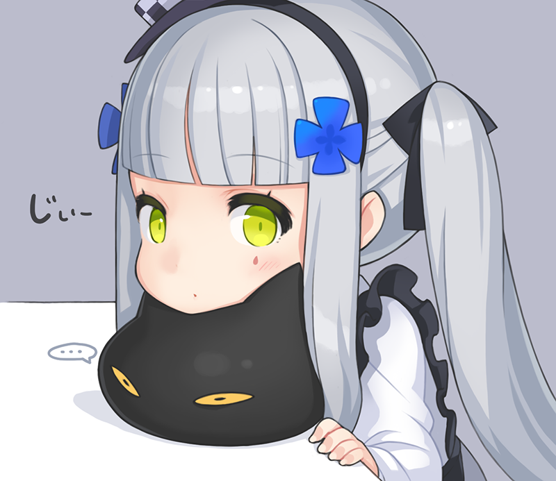 ... 1girl black_cat blush cat commentary_request facial_mark girls_frontline green_eyes grey_background grey_hair hair_ornament hairband hk416_(girls_frontline) looking_at_viewer parted_lips ran_system sidelocks simple_background spoken_ellipsis twintails younger