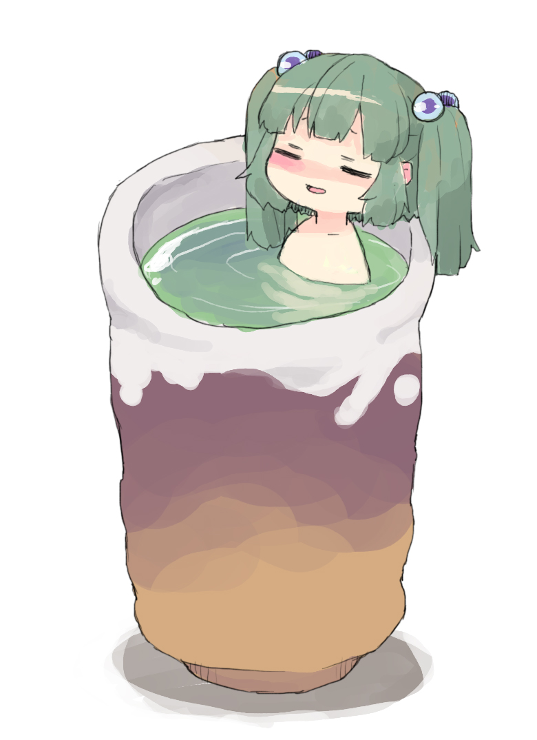 1girl bangs bath bathing blush closed_eyes collarbone cup drink facing_viewer from_side furrowed_eyebrows green_hair green_tea hair_bobbles hair_ornament in_container in_cup kisume long_hair minigirl nude open_mouth partially_submerged ripples shadow sidelocks simple_background smile solo tea touhou twintails white_background yunomi yunuki_uta