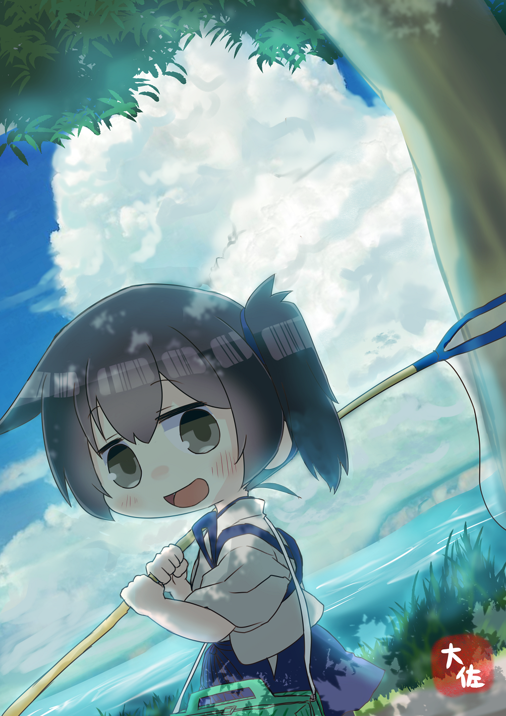 1girl :d artist_name blue_hakama blue_sky blush box brown_eyes brown_hair bug_hunting butterfly_net chibi clouds cloudy_sky commentary_request cowboy_shot dappled_sunlight day dutch_angle eyebrows_visible_through_hair grass grey_eyes hakama hakama_skirt hand_net hands_up highres holding holding_butterfly_net japanese_clothes kaga_(kantai_collection) kantai_collection long_hair looking_at_viewer medium_hair ocean open_mouth outdoors shade side_ponytail sky sleeves_pushed_up smile solo sunlight taisa_(kari) tasuki tree