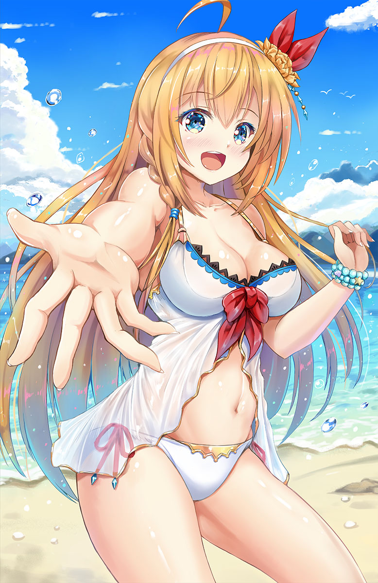 1girl ahoge armband bangs beach bikini blonde_hair blue_eyes blush braid clouds cloudy_sky commentary_request cowboy_shot eyebrows_visible_through_hair flower hair_between_eyes hair_flower hair_ornament hairband highres long_hair looking_at_viewer ocean open_mouth outdoors outstretched_arm pecorine princess_connect! princess_connect!_re:dive reaching_out red_ribbon ribbon see-through side-tie_bikini sidelocks single_braid sky solo suzuta_yume swimsuit very_long_hair water water_drop wet white_bikini