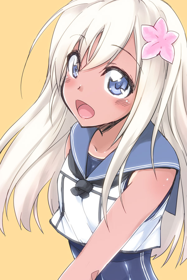 1girl bangs blue_eyes blush collarbone commentary_request crop_top eyebrows_visible_through_hair flower hair_between_eyes hair_flower hair_ornament kantai_collection long_hair looking_at_viewer mikagami_sou neckerchief one-piece_swimsuit one-piece_tan open_mouth ro-500_(kantai_collection) sailor_collar school_swimsuit simple_background smile solo standing swimsuit swimsuit_under_clothes tan tanline white_hair yellow_background