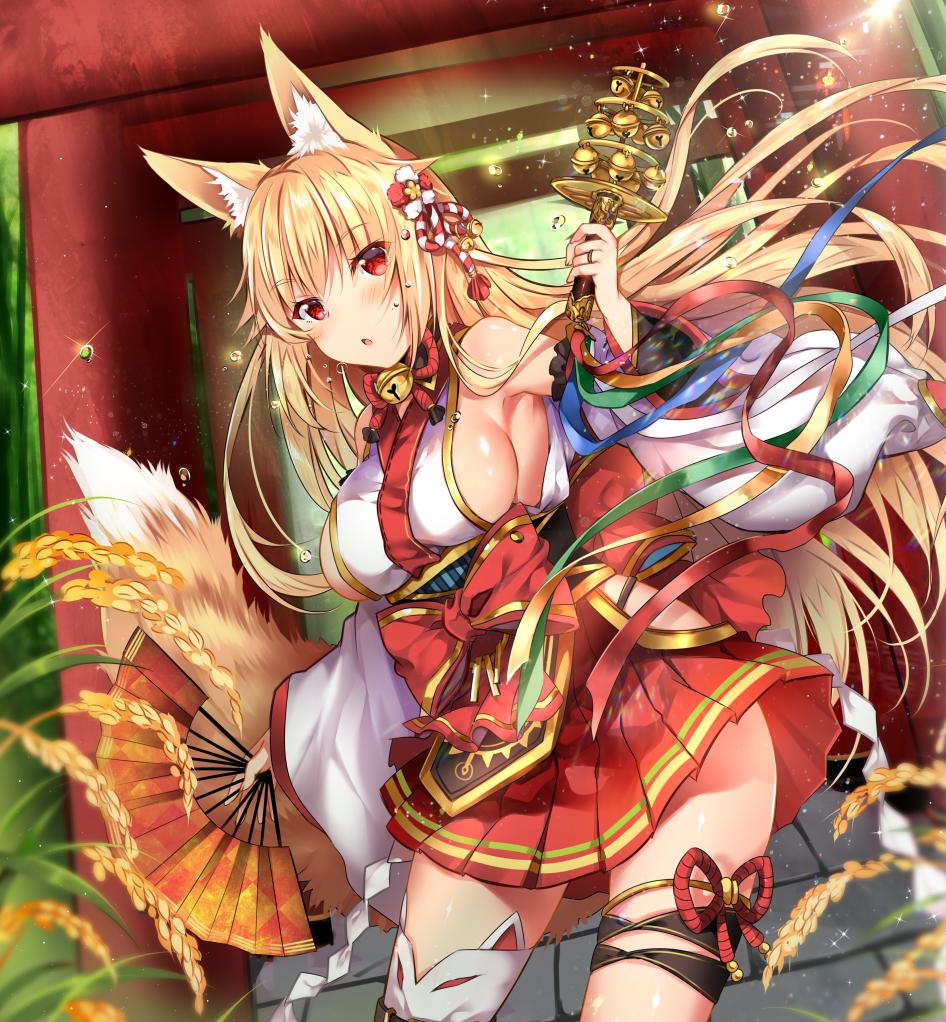 1girl animal_ear_fluff animal_ears armpits bare_shoulders bell blonde_hair bow breasts chestnut_mouth detached_sleeves fan floating_hair fox_ears fox_tail hair_ornament hakama_skirt hip_vent holding japanese_clothes jewelry jingle_bell kagura_suzu kimono large_breasts long_hair long_sleeves looking_at_viewer miko obi original parted_lips pleated_skirt red_bow red_eyes red_skirt ring rope sash shimenawa sideboob skirt solo sparkle tail thighs toori usagihime white_kimono wide_sleeves