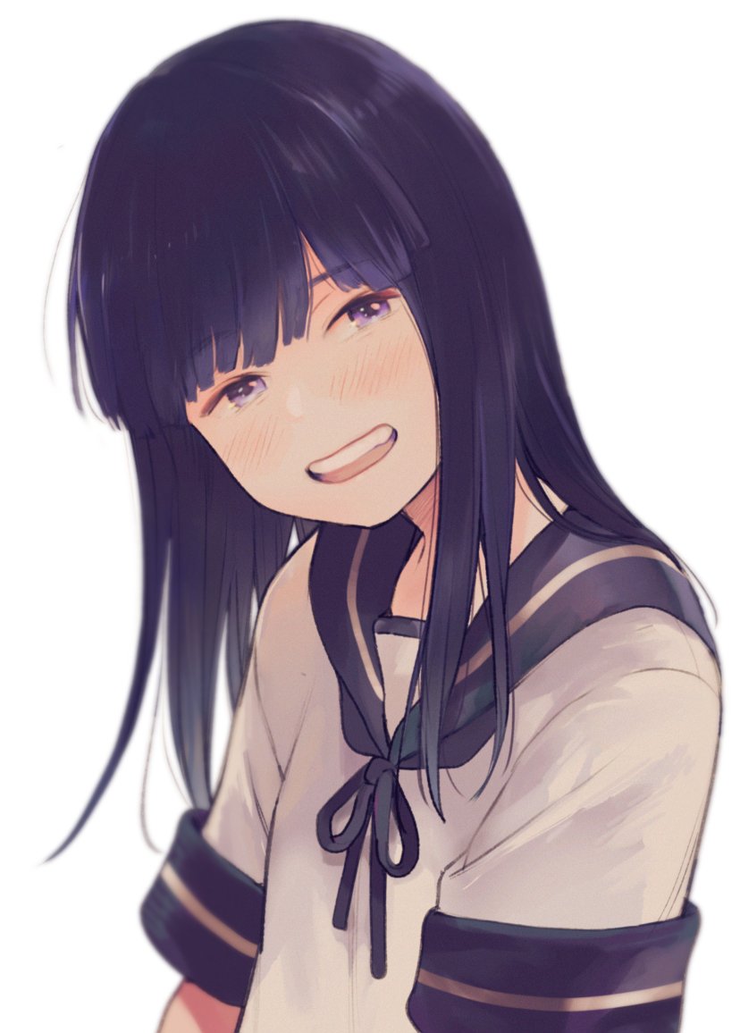 1girl bangs black_hair blunt_bangs commentary_request hatsuyuki_(kantai_collection) hime_cut ishimaru kantai_collection long_hair neckerchief open_mouth sailor_collar school_uniform serafuku simple_background smile solo violet_eyes white_background