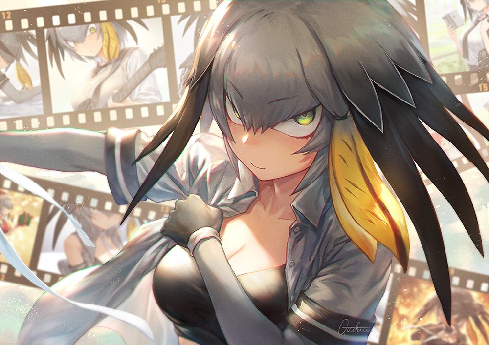 1girl artist_name bangs black_gloves blonde_hair breasts collarbone commentary_request eyebrows_visible_through_hair film_reel gloves green_eyes grey_hair grey_shirt guchico head_wings kemono_friends light_smile looking_at_viewer medium_breasts medium_hair multicolored_hair open_clothes open_shirt shirt shoebill_(kemono_friends) short_sleeves signature single_sidelock solo two-tone_hair v-shaped_eyebrows