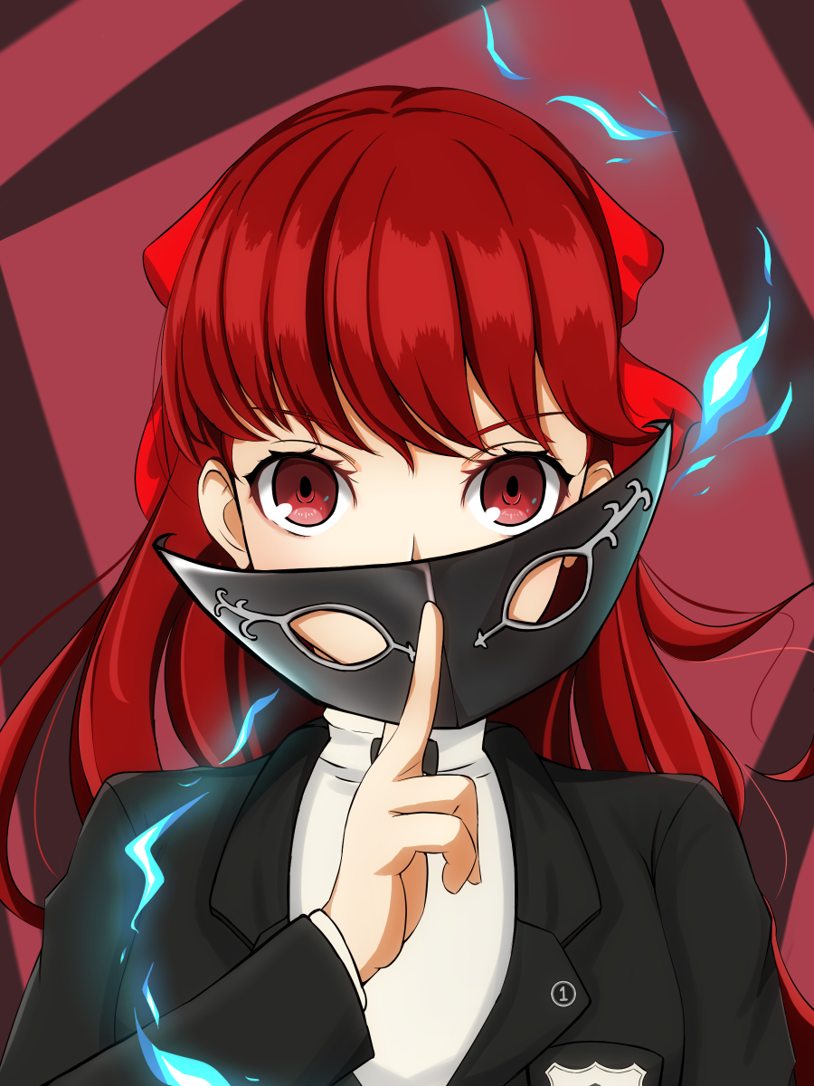 1girl atlus black_jacket floating_hair highres holding holding_mask jacket long_hair looking_at_viewer mask megami_tensei muginon5 persona persona_5 persona_5_the_royal portrait red_eyes redhead solo sweater turtleneck turtleneck_sweater upper_body white_sweater yoshizawa_kasumi