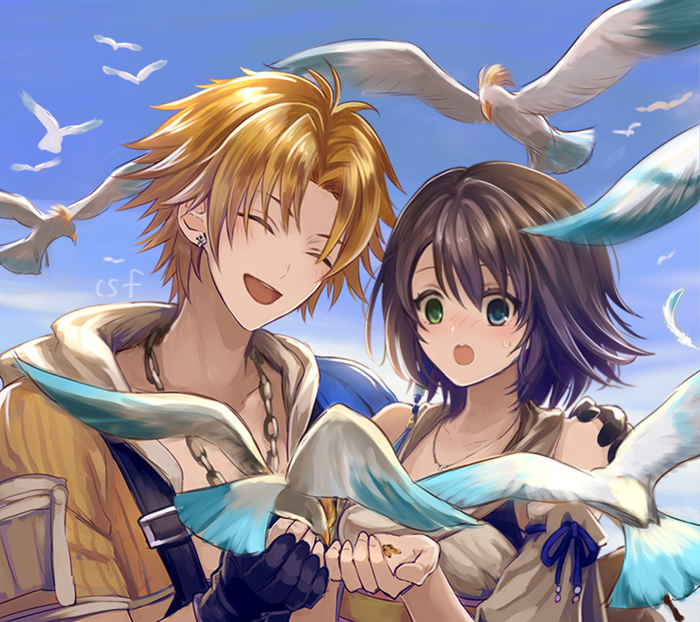 1boy 1girl bird blonde_hair blue_eyes breasts brown_hair closed_eyes commentary_request detached_sleeves earrings final_fantasy final_fantasy_x gloves green_eyes hair_ornament hakama heterochromia japanese_clothes jewelry necklace open_mouth sasanomesi short_hair smile tidus yuna_(ff10)