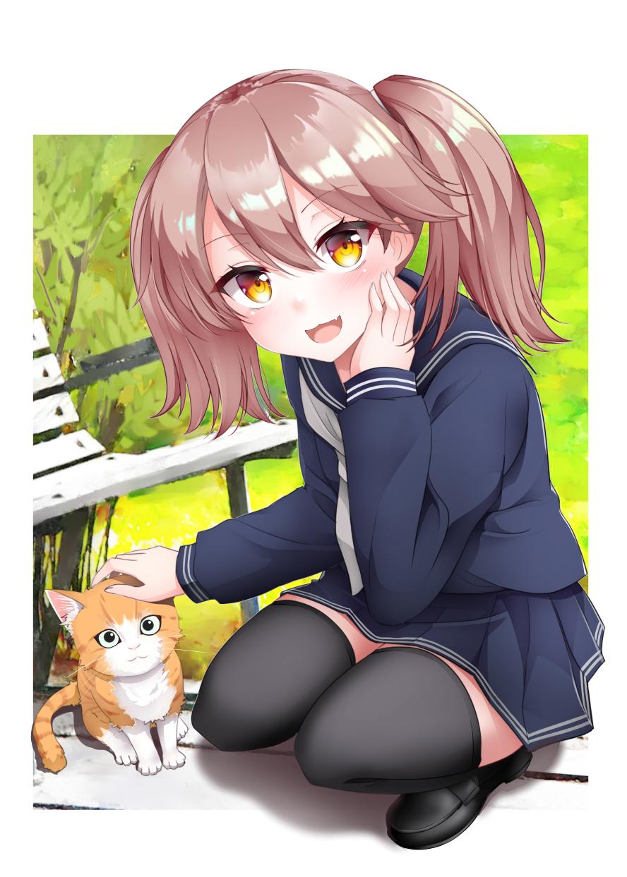 1girl :3 alternate_costume animal bangs bench black_legwear blush brown_hair cat day eyebrows_visible_through_hair highres kantai_collection kirigakure_(kirigakure_tantei_jimusho) long_sleeves neckerchief open_mouth outdoors petting ryuujou_(kantai_collection) sailor_collar school_uniform serafuku shoes skirt solo squatting thigh-highs twintails white_neckwear yellow_eyes