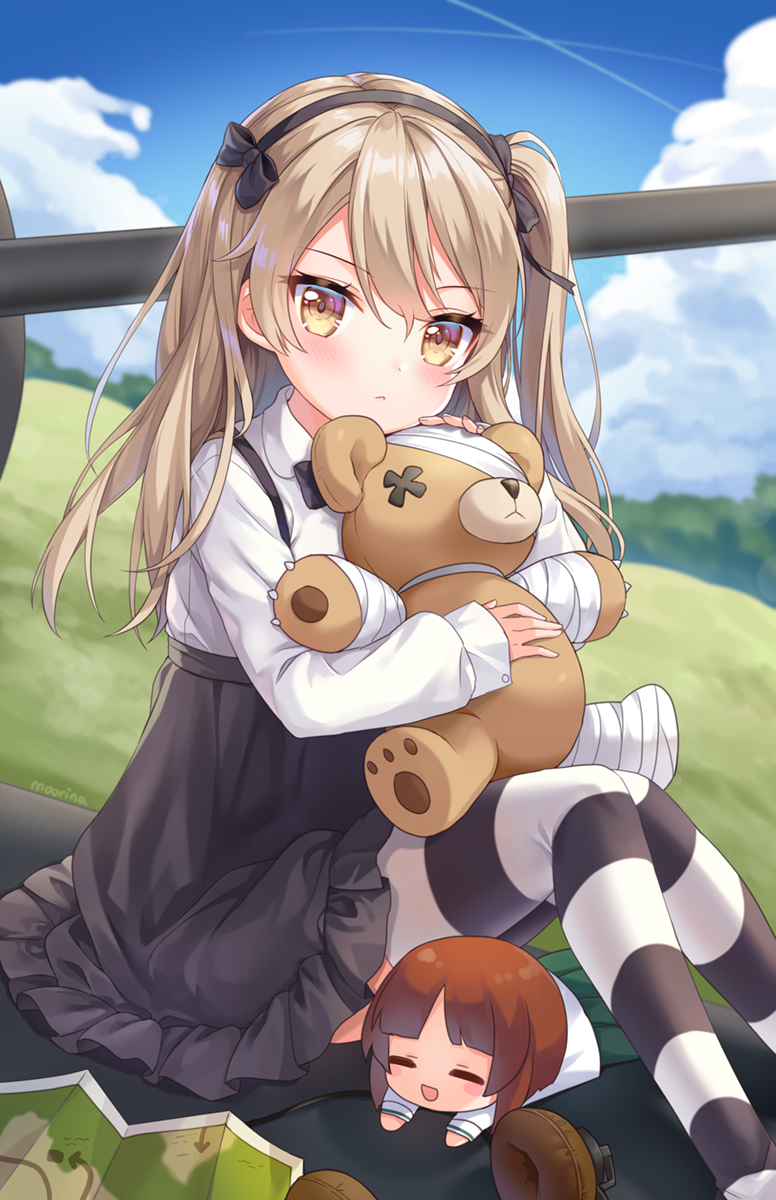 1girl black_neckwear black_skirt blue_sky blurry blush boko_(girls_und_panzer) bow bowtie character_doll clouds day depth_of_field expressionless frilled_skirt frills girls_und_panzer hair_between_eyes hair_ribbon head_tilt headphones highres hill holding holding_stuffed_animal knees_together knees_up light_brown_hair long_sleeves looking_at_viewer map moorina nishizumi_miho outdoors ribbon shimada_arisu shirt side_ponytail sitting skirt sky sleeves_past_wrists solo striped striped_legwear stuffed_animal stuffed_toy suspender_skirt suspenders tank_gun teddy_bear thigh-highs white_shirt yellow_eyes