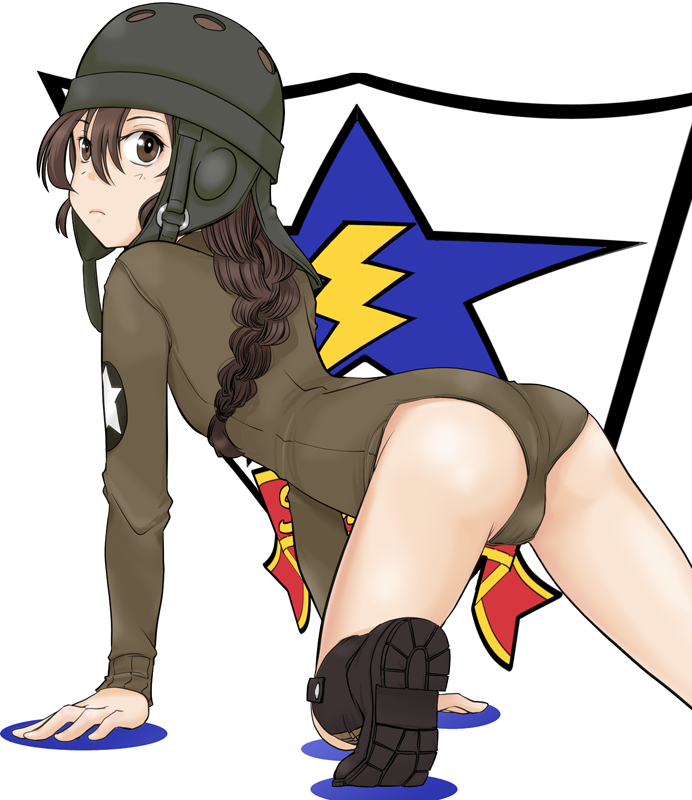 1girl adapted_costume all_fours alternate_color_school_swimsuit alternate_costume ass bangs black_footwear black_headwear boots braid brown_eyes brown_hair brown_swimsuit closed_mouth emblem from_behind frown girls_und_panzer legs long_hair long_sleeves looking_at_viewer looking_back rukuriri rukuriritea saunders_(emblem) saunders_military_uniform school_swimsuit single_braid solo star swimsuit tank_helmet white_background