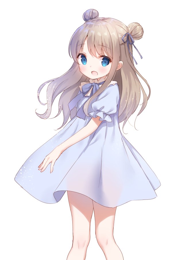 1girl bangs blue_bow blue_dress blue_eyes blush bow brown_hair chitosezaka_suzu commentary_request double_bun dress eyebrows_visible_through_hair hair_ribbon long_hair open_mouth original puffy_short_sleeves puffy_sleeves purple_ribbon revision ribbon see-through see-through_silhouette short_sleeves simple_background solo standing white_background