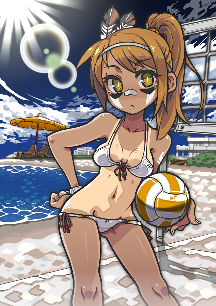 1girl bangs beach beach_volleyball bikini blue_sky borrowed_character breasts breasts_apart brown_hair building eyebrows_visible_through_hair hairband hand_on_hip holding lens_flare looking_at_viewer medium_breasts medium_hair nancou_(nankou) navel one-piece_tan original outdoors side_ponytail sky standing swimsuit tan tanline water white_bikini yellow_eyes