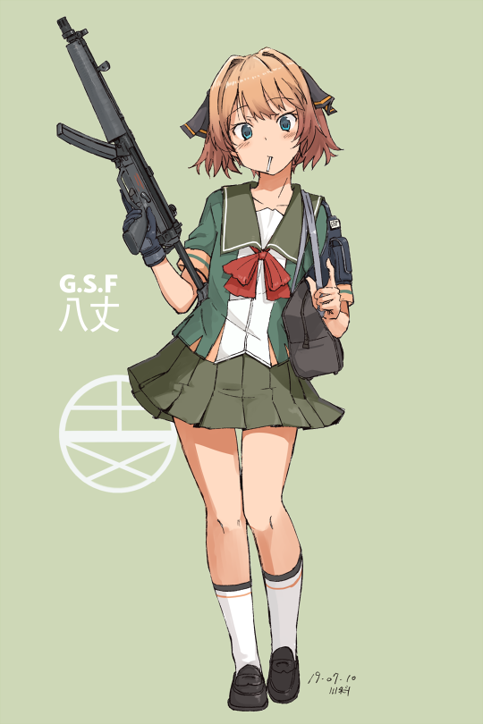 1girl adapted_costume alternate_sleeve_length artist_name bag black_footwear black_gloves black_ribbon blue_eyes brown_hair commentary_request dated firearm_request full_body gloves green_background green_sailor_collar green_skirt gun hachijou_(kantai_collection) hair_ribbon kantai_collection kawashina_(momen_silicon) kneehighs loafers logo looking_at_viewer mouth_hold neck_ribbon pleated_skirt red_ribbon ribbon rifle sailor_collar school_bag school_uniform serafuku shoes short_hair simple_background single_glove skirt solo standing weapon white_legwear