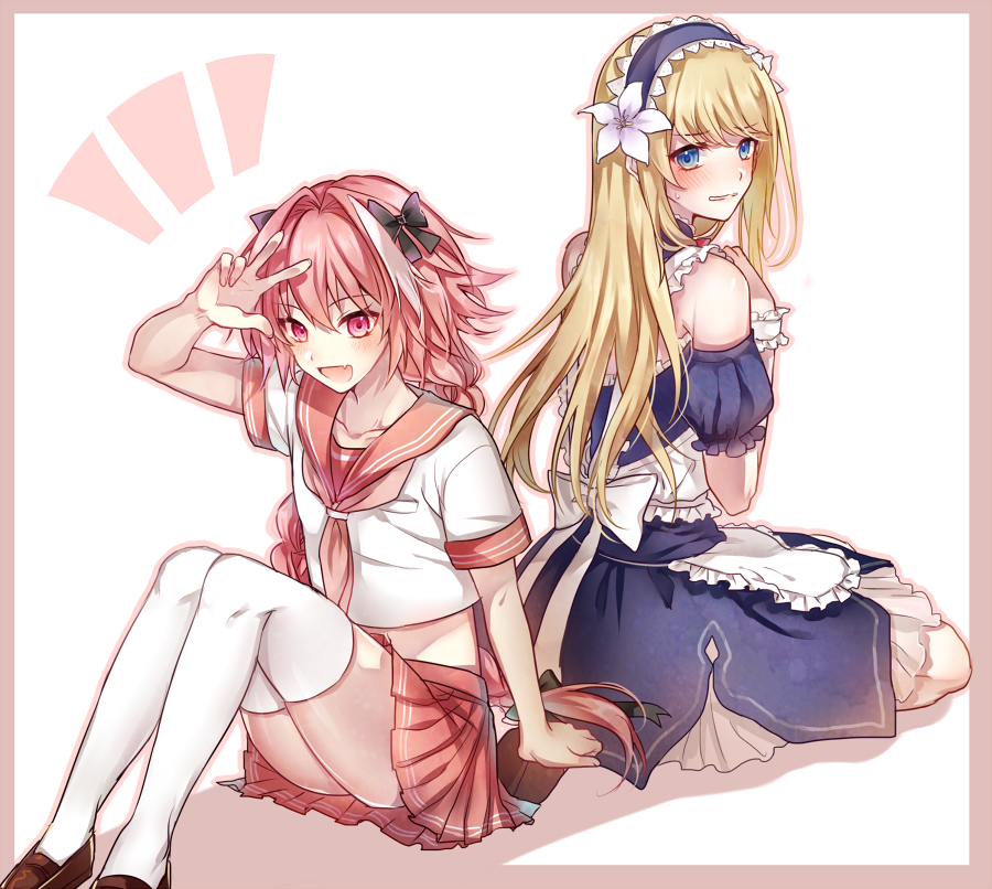 2boys :d alternate_costume apron astolfo_(fate) black_bow blonde_hair blue_eyes blue_hairband blue_sleeves blush bow braid brown_footwear chevalier_d'eon_(fate/grand_order) clenched_teeth collarbone detached_sleeves embarrassed enmaided eyebrows_visible_through_hair fang fate/grand_order fate_(series) floating_hair flower frilled_apron frills hair_between_eyes hair_bow hair_flower hair_intakes hair_ornament hairband loafers long_hair looking_back maid midriff miniskirt miyuzu multiple_boys open_mouth otoko_no_ko pink_hair pink_neckwear pink_sailor_collar pink_skirt pleated_skirt red_eyes sailor_collar school_uniform serafuku shiny shiny_hair shirt shoes short_sleeves simple_background single_braid skirt smile stomach straight_hair sweatdrop teeth thigh-highs very_long_hair w white_apron white_background white_bow white_flower white_legwear white_shirt wrist_cuffs zettai_ryouiki
