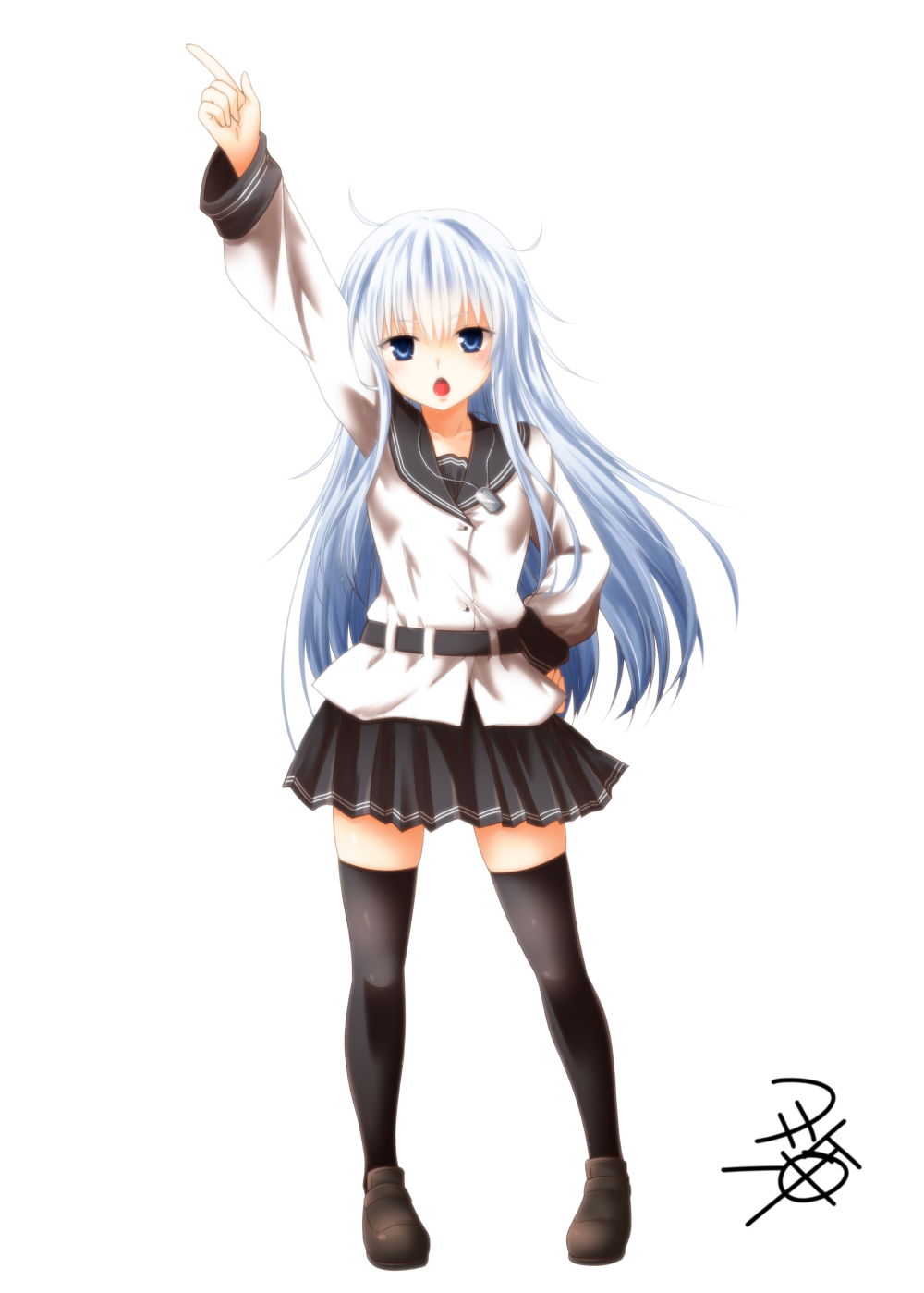 belt black_belt black_legwear black_skirt blue_eyes full_body hand_on_hip hand_up hibiki_(kantai_collection) highres kantai_collection loafers long_hair long_sleeves looking_at_viewer no_hat no_headwear open_mouth pleated_skirt pointing pointing_up remodel_(kantai_collection) sailor_collar school_uniform shoes silver_hair simple_background skirt standing thigh-highs verniy_(kantai_collection) white_background yua_(checkmate) zettai_ryouiki