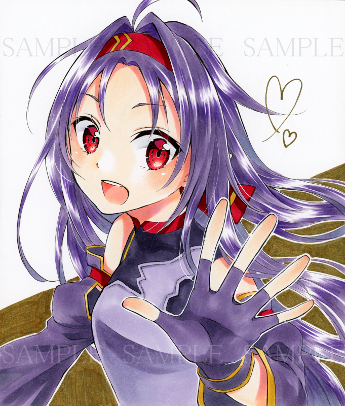 1girl :d ahoge alto2019 breastplate brown_background detached_sleeves fingerless_gloves floating_hair gloves hair_intakes headband long_hair long_sleeves looking_at_viewer marker_(medium) open_mouth outstretched_hand purple_gloves purple_hair purple_sleeves red_eyes red_headband sample shiny shiny_hair smile solo sword_art_online traditional_media two-tone_background white_background yuuki_(sao)