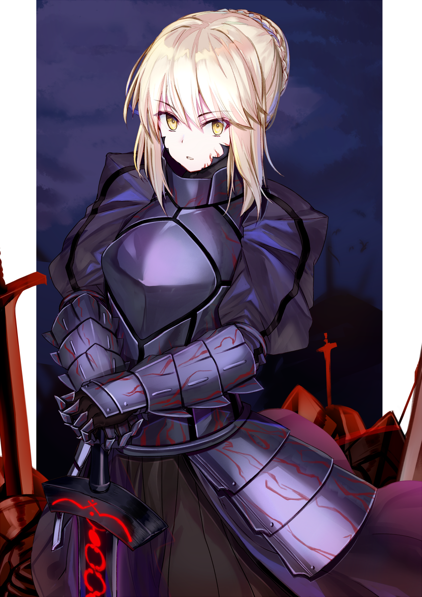 1girl armor armored_dress artoria_pendragon_(all) black_dress blonde_hair braid dark_excalibur dress eyebrows_visible_through_hair fate/grand_order fate/stay_night fate_(series) french_braid gauntlets hair_between_eyes highres looking_at_viewer ninoude_(ninoude44) saber_alter sidelocks solo sword weapon yellow_eyes