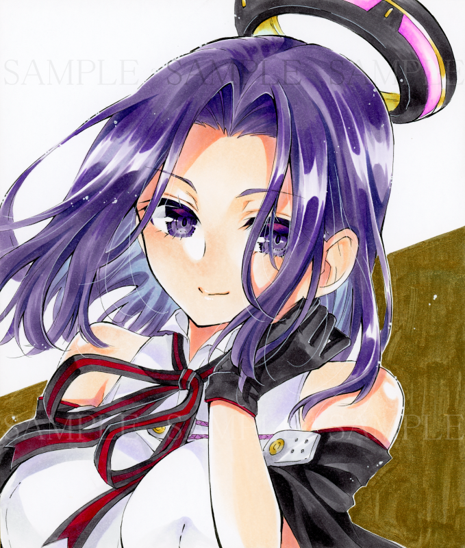 1girl alto2019 black_gloves black_sleeves breasts breasts_apart brown_background closed_mouth detached_sleeves gloves kantai_collection large_breasts looking_at_viewer marker_(medium) medium_hair neck_ribbon purple_hair ribbon sample shiny shiny_hair shirt sleeveless sleeveless_shirt smile solo striped striped_ribbon tatsuta_(kantai_collection) traditional_media two-tone_background upper_body violet_eyes white_background white_shirt