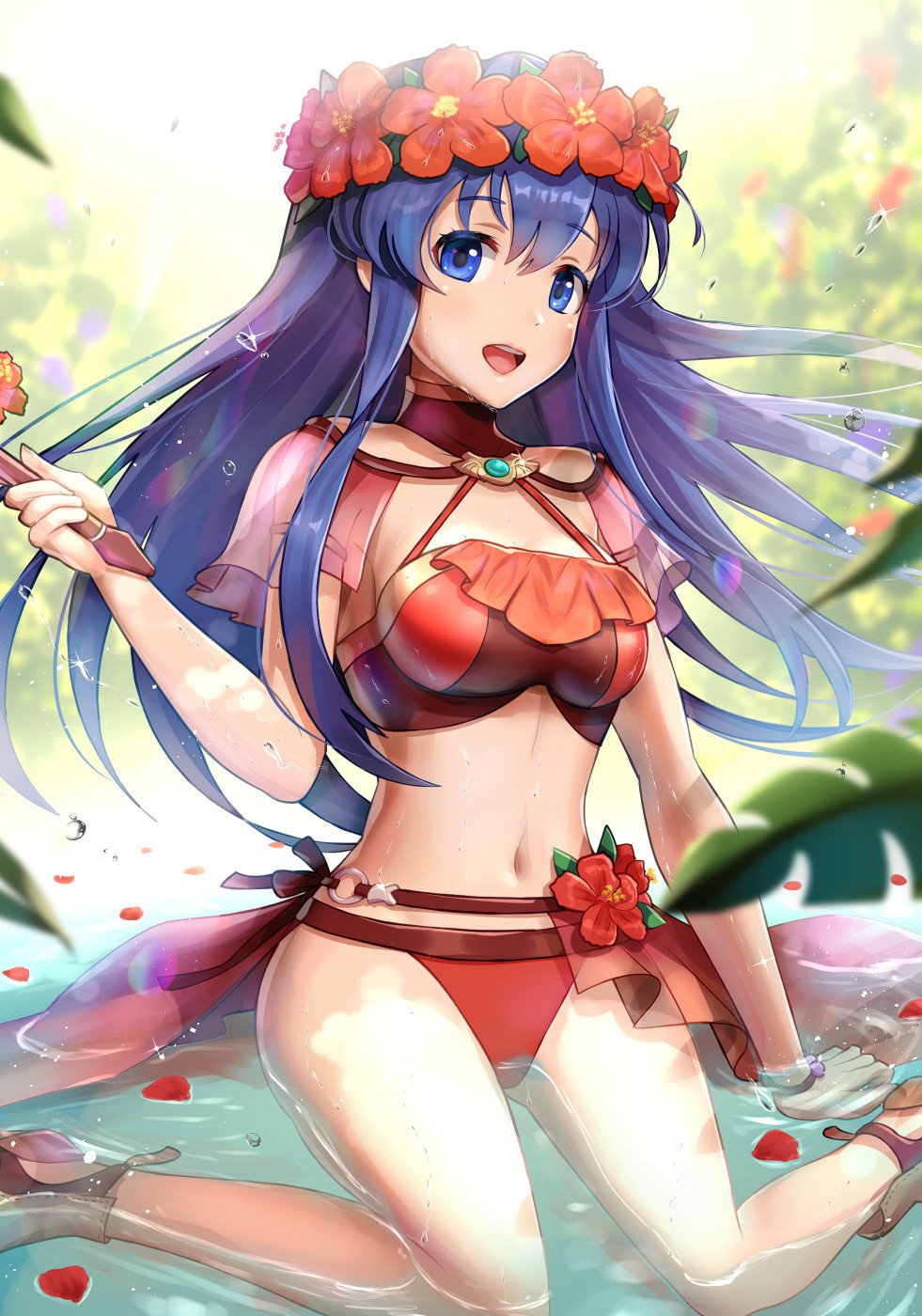 1girl bikini blue_eyes blue_hair blush cute fire_emblem fire_emblem:_fuuin_no_tsurugi fire_emblem:_the_binding_blade fire_emblem_heroes flower gloves gonzarez hair_flower hair_ornament hat headband highres intelligent_systems lilina looking_at_viewer navel nintendo smile solo swimsuit water