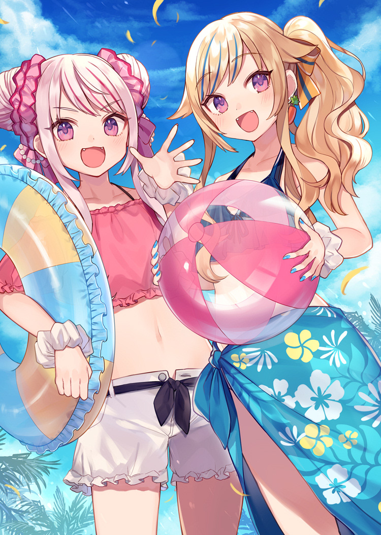 2girls :d ball bare_arms bare_shoulders beachball beads bikini blonde_hair blue_bikini blue_hair blue_nails blue_sky bow clouds collarbone cowboy_shot crop_top day double_bun earrings fangs flat_chest floral_print hair_bow halterneck himehina_channel holding innertube jewelry leaves_in_wind long_hair looking_at_viewer midriff multicolored_hair multiple_girls nail_polish navel open_fly open_mouth outdoors pink_hair pink_shirt sarong scrunchie shirt short_hair short_shorts shorts shugao side_ponytail sidelocks sky smile standing stomach streaked_hair suzuki_hina swimsuit tanaka_hime thighs violet_eyes virtual_youtuber white_shorts wrist_scrunchie
