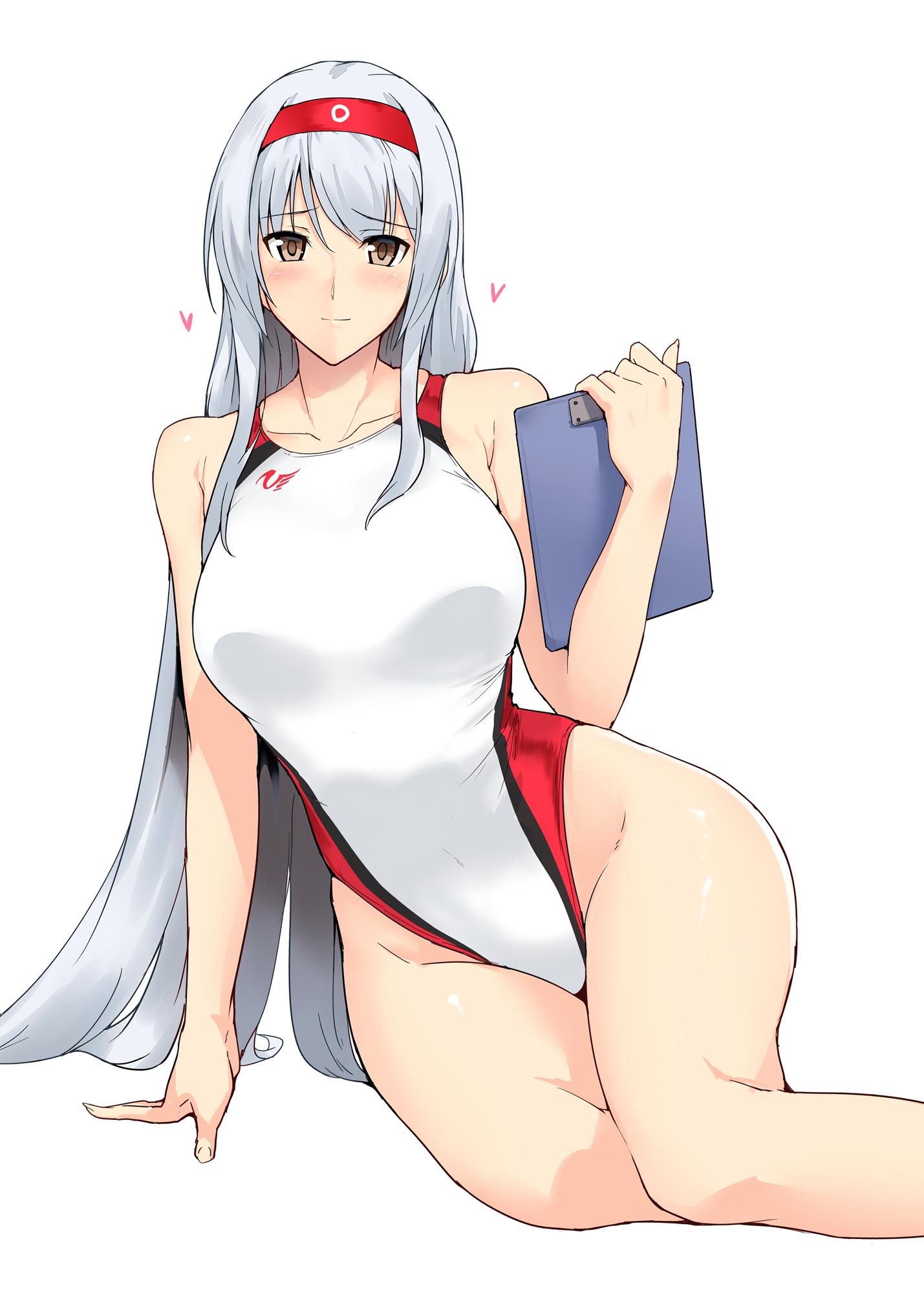 1girl alternate_costume arm_support bangs bare_arms bare_legs bare_shoulders blush breasts brown_hair clipboard closed_mouth collarbone commentary_request competition_swimsuit covered_navel eyebrows_visible_through_hair hair_between_eyes hairband harukon_(halcon) headband heart highleg highleg_swimsuit highres holding holding_clipboard kantai_collection large_breasts long_hair looking_at_viewer muneate one-piece_swimsuit shoukaku_(kantai_collection) silver_hair simple_background sitting smile solo swimsuit thighs white_background wide_hips yokozuwari