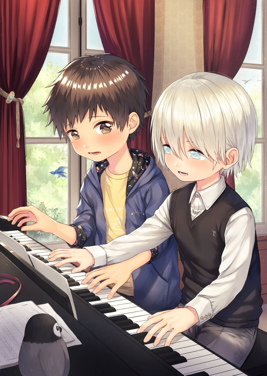 2boys alk blonde_hair blue_eyes blush brown_eyes brown_hair hair_between_eyes highres hood hoodie instrument looking_at_another male_focus multiple_boys original piano shirt sweatdrop sweater_vest vest