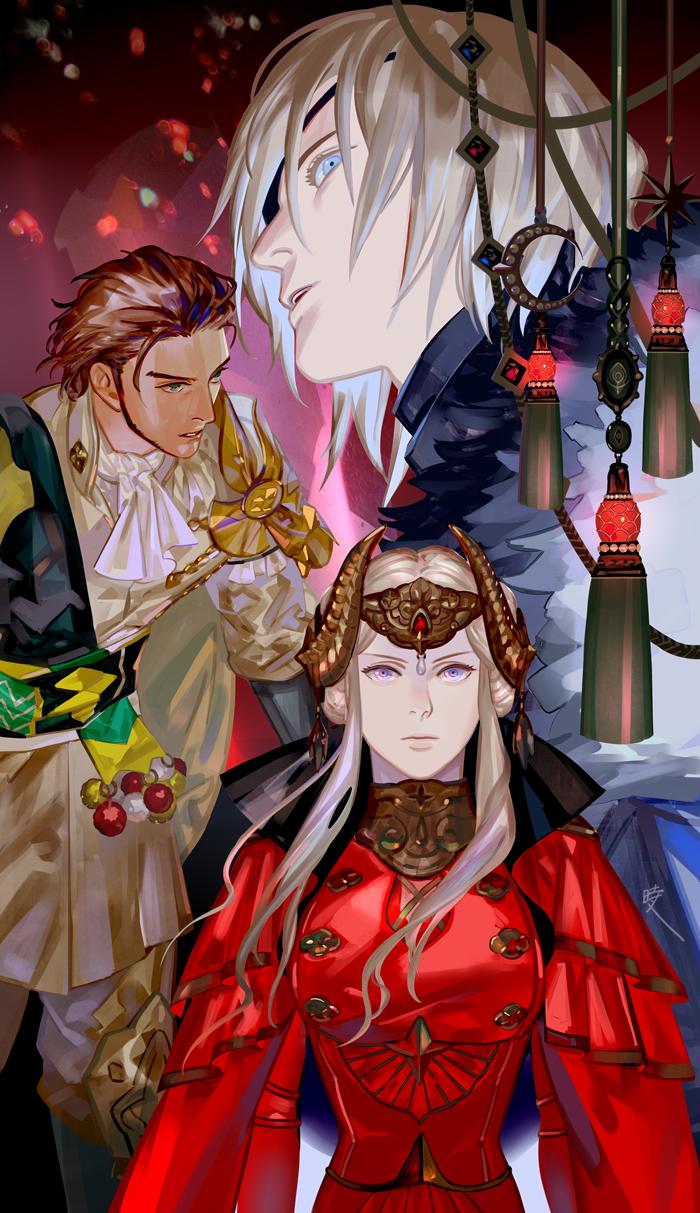 1girl 2boys armor blonde_hair brown_hair cape claude_von_regan_(fire_emblem) cravat dark_background dimitri_alexandre_bladud_(fire_emblem) edelgard_von_hresvelgr_(fire_emblem) eyepatch fire_emblem fire_emblem:_three_houses formal highres horned_headwear multiple_boys older parted_lips saiga_tokihito serious sideburns silver_hair tiara upper_body