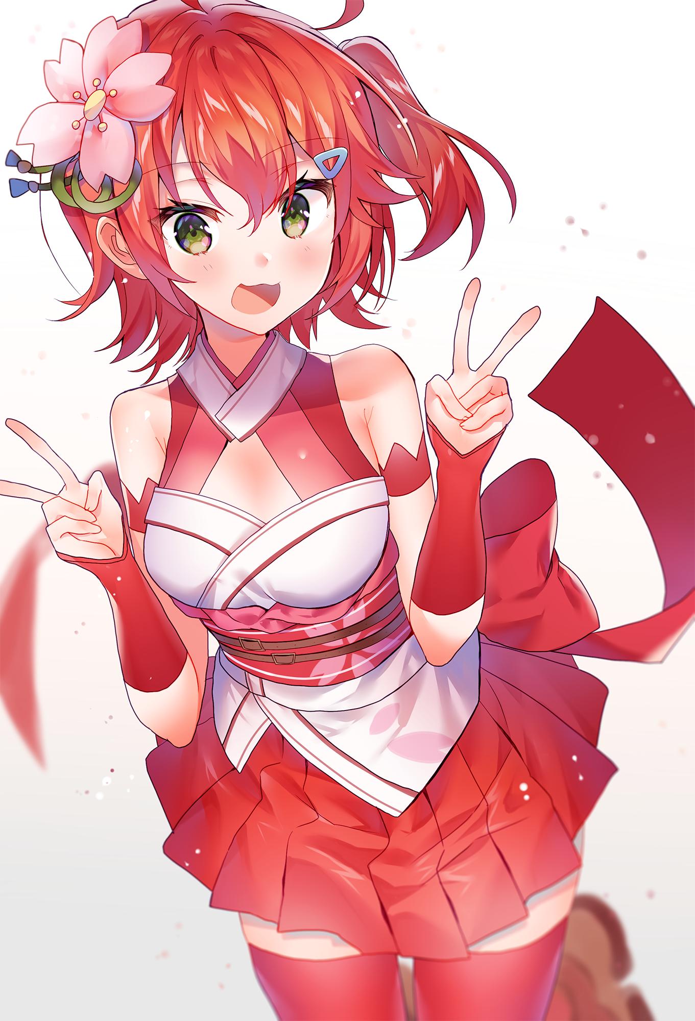 1girl ahoge armpits belt cleavage_cutout double_v flower green_eyes hair_ornament hairclip highres hololive kawachi_rin miniskirt nontraditional_miko open_mouth pink_hair sakura_miko side_ponytail skirt solo tagme thigh-highs v virtual_youtuber zettai_ryouiki