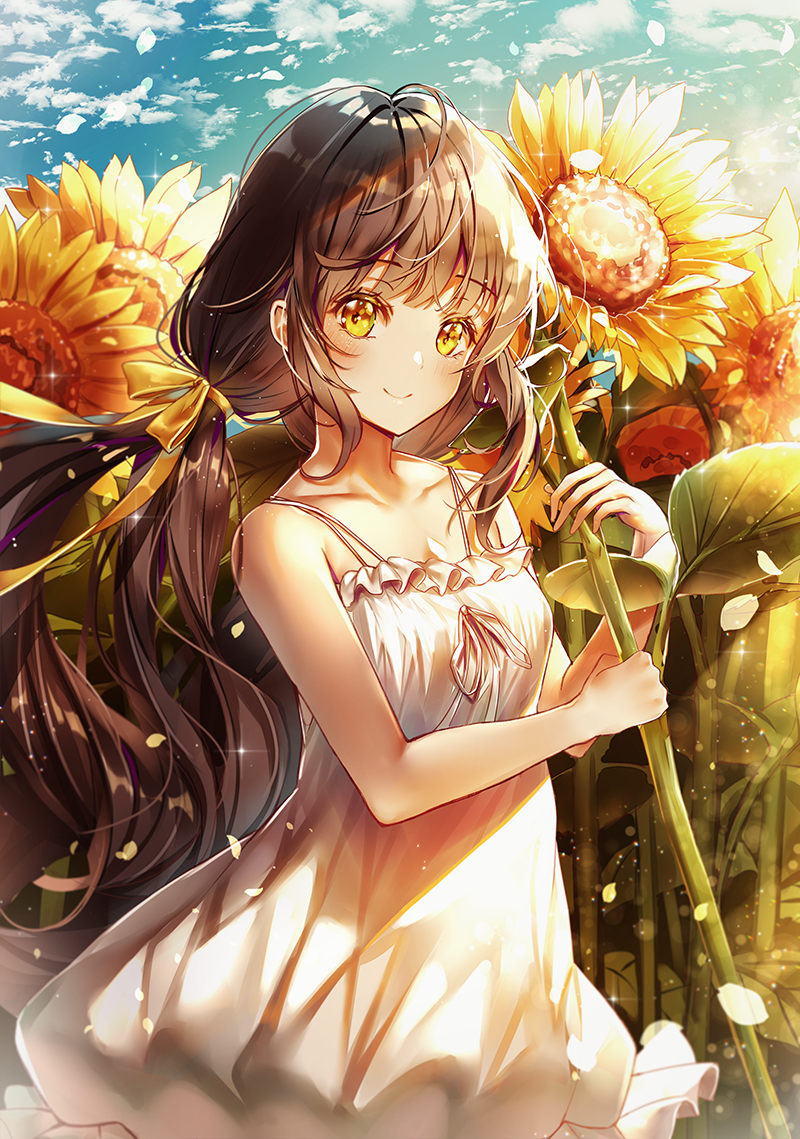 1girl bangs blunt_bangs blush brown_hair closed_mouth collar commentary_request dress eyebrows_visible_through_hair flower frilled_dress frills hair_ribbon holding holding_flower lium long_hair looking_at_viewer low_twintails orange_ribbon original ribbon sleeveless sleeveless_dress smile solo sundress sunflower sunlight tareme twintails very_long_hair white_dress yellow_eyes