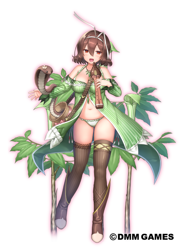 1girl :d boots brown_footwear brown_hair brown_legwear flower_knight_girl full_body jar leaf looking_at_viewer nakaishow navel object_namesake official_art open_mouth panties red_eyes short_hair simple_background smile snake solo standing tennanshou_(flower_knight_girl) thigh-highs underwear white_background white_panties