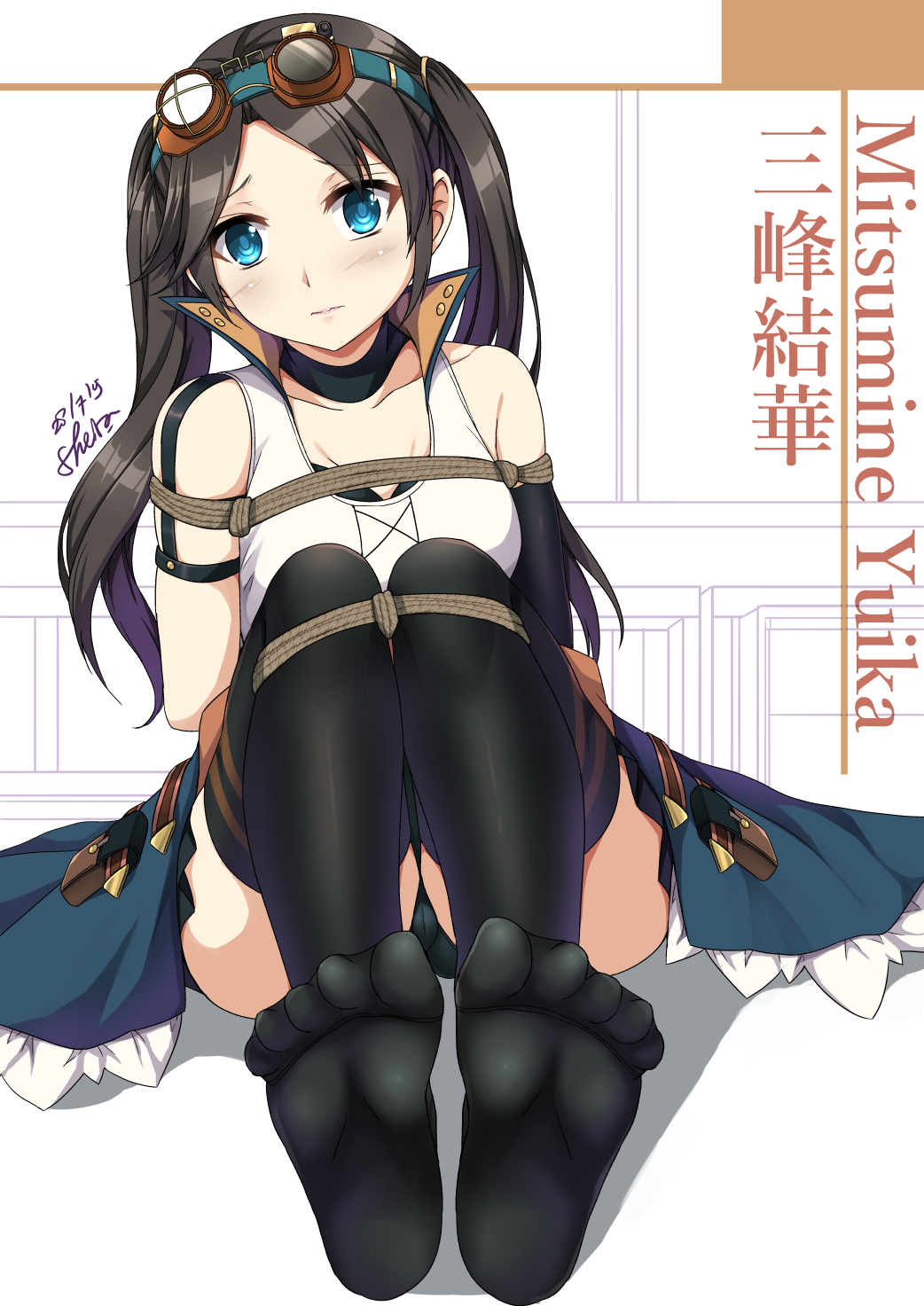 1girl arms_behind_back bdsm black_legwear blue_eyes bondage bound bound_arms bound_legs brown_hair character_name closed_mouth collarbone commentary dated detached_sleeves english_commentary eyebrows_visible_through_hair feet full_body goggles goggles_on_head head_tilt highres idolmaster idolmaster_shiny_colors knees_up long_hair looking_at_viewer mitsumine_yuika no_eyewear popped_collar rope sheita shiny shiny_hair sidelocks signature single_detached_sleeve sitting solo tank_top thigh-highs twintails white_background