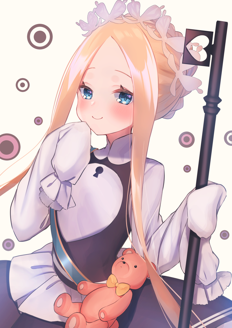 1girl abigail_williams_(fate/grand_order) bangs black_dress blonde_hair blue_eyes blush braid brown_background butterfly_hair_ornament closed_mouth commentary_request dress fate/grand_order fate_(series) forehead hair_ornament hand_up keyhole long_hair long_sleeves parted_bangs shirt simple_background sleeveless sleeveless_dress sleeves_past_fingers sleeves_past_wrists smile solo stuffed_animal stuffed_toy suzuho_hotaru teddy_bear very_long_hair white_shirt