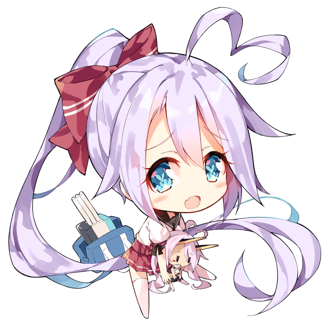1girl :d absurdly_long_hair ahoge azur_lane bag bangs black_sailor_collar blue_eyes blush bow cannon character_doll chibi commentary_request eyebrows_visible_through_hair fang full_body hair_between_eyes hair_bow heart heart-shaped_pupils high_ponytail indianapolis_(azur_lane) long_hair looking_at_viewer no_shoes open_mouth pleated_skirt ponytail portland_(azur_lane) puffy_short_sleeves puffy_sleeves purple_hair red_bow red_skirt sailor_collar school_bag school_uniform serafuku shirt short_sleeves simple_background skirt smile solo symbol-shaped_pupils thigh-highs turret unacchi_(nyusankin) very_long_hair white_background white_legwear white_shirt
